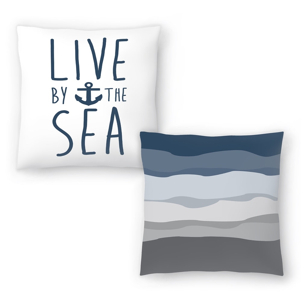 Navy Live by the Sea and Navy Gray Abstract   Set of 2 Decorative Pillows