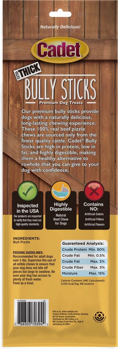 Cadet Extra Thick Bully Stick Dog Treats， 2 count