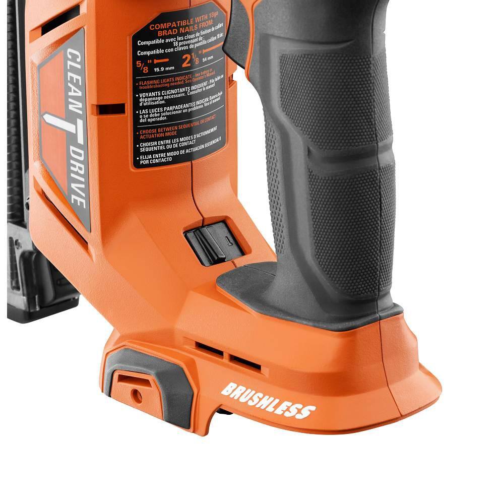 RIDGID 18V Brushless Cordless 18-Gauge 2-18 in. Brad Nailer with CLEAN DRIVE Technology with 2.0 Ah Battery and Charger R09891K