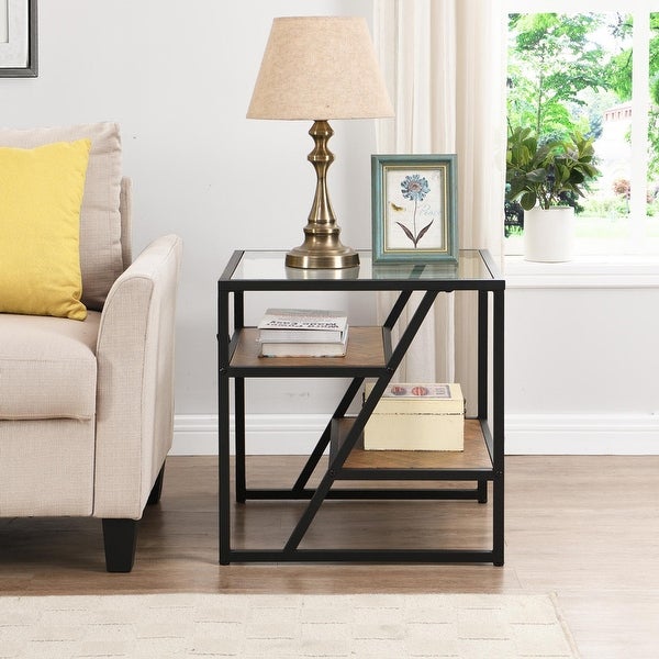 Black Side Table Coffee Table with Metal Frame and Tempered Glass Top