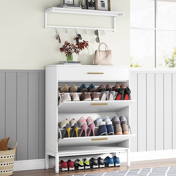 Shoe Cabinet Flip Drawer and Wall Mounted Coat Shelf Set - - 36100544