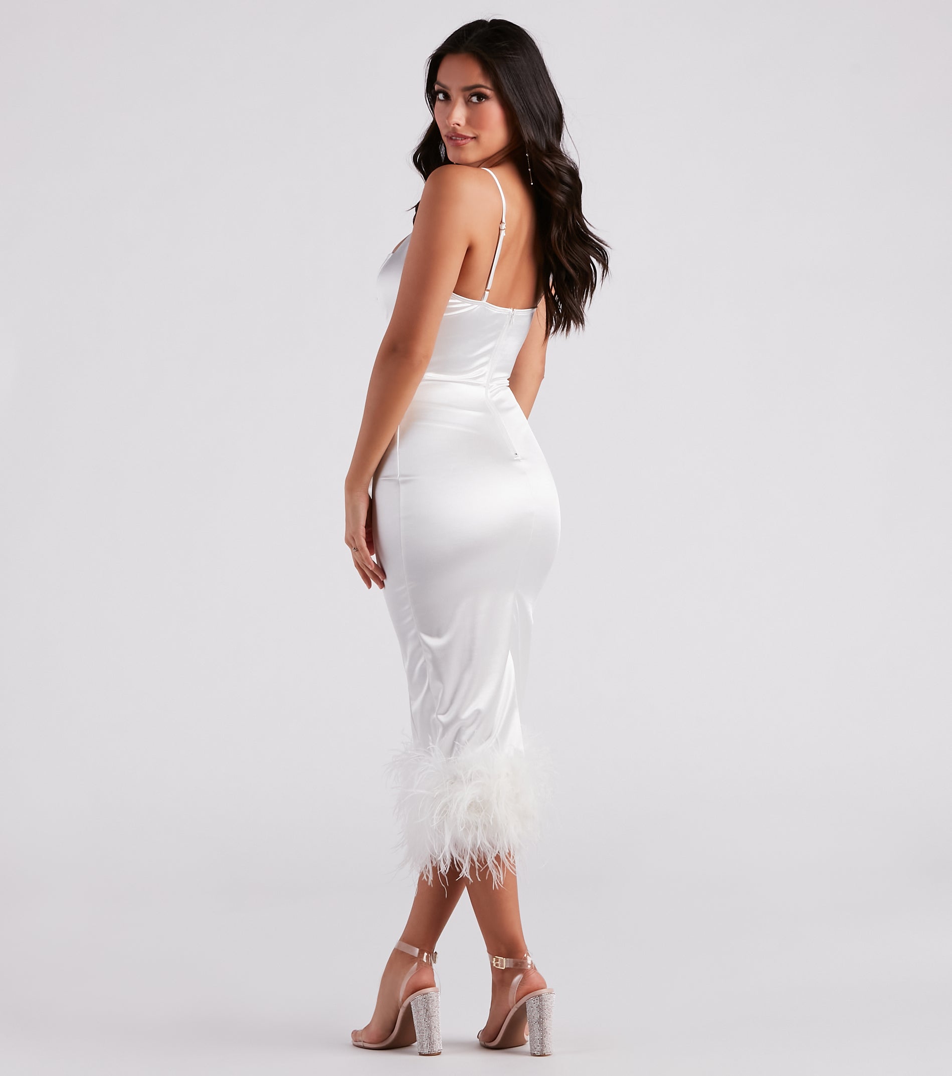 Sofia Formal Satin Feather Midi Dress