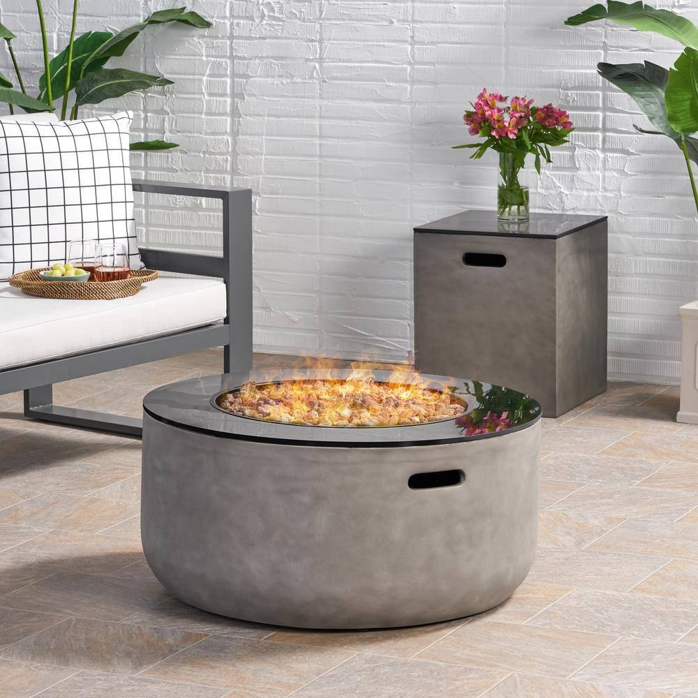 Noble House Adio 16 in. x 20 in. Round Concrete Propane Fire Pit in Light Grey with Tank Holder 70842