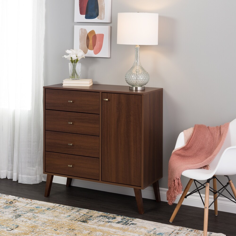 Prepac Milo Mid Century Modern 4 Drawer Combo Dresser  Chest of Drawers With Door  Contemporary Bedroom Furniture