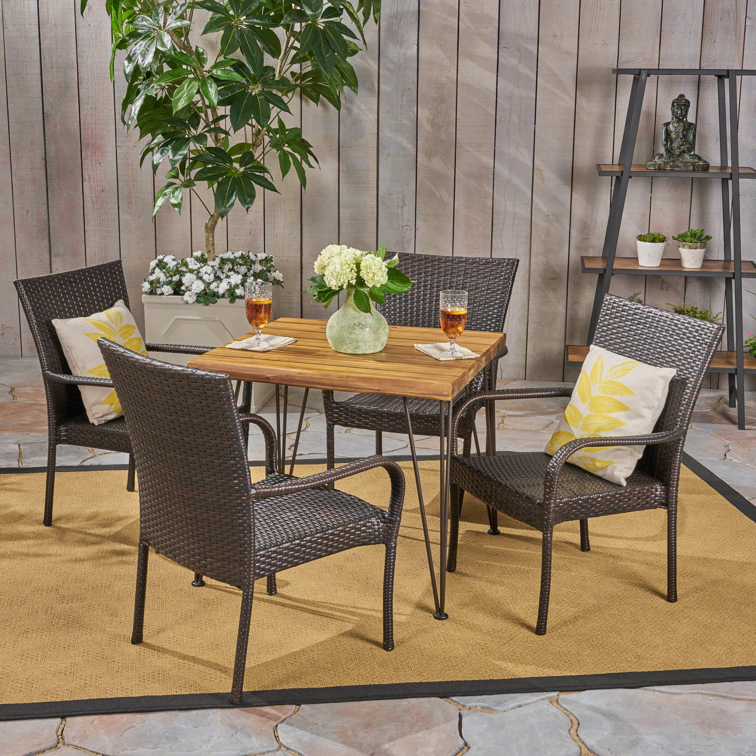 Rhys Outdoor Farmhouse Wood and Wicker 5 Piece Square Dining Set