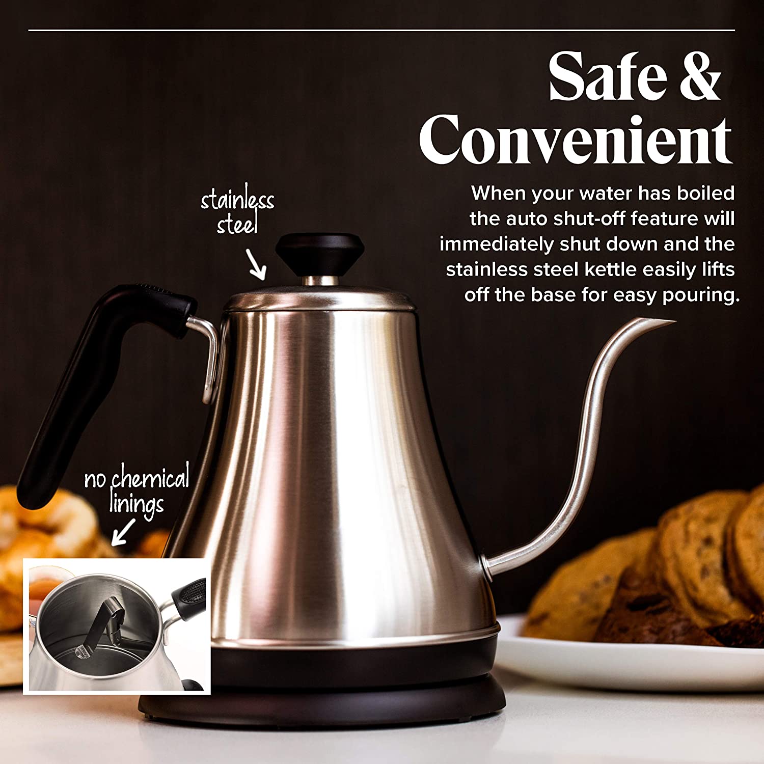 Willow and Everett Electric Gooseneck Kettle - 1L， 120 Volt， Stainless Steel Electric Tea Kettle - Water Pot Heater/Warmer， Coffee and Tea