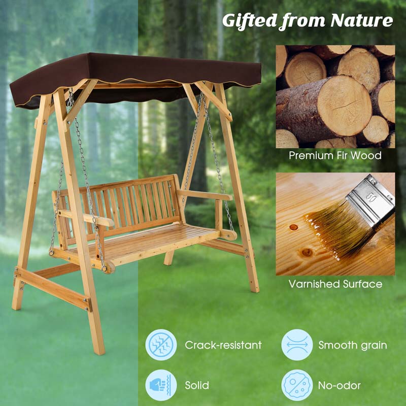 2-Person Wooden Porch Swing Bench Chair, A-Frame Outdoor Patio Swing with Adjustable Canopy