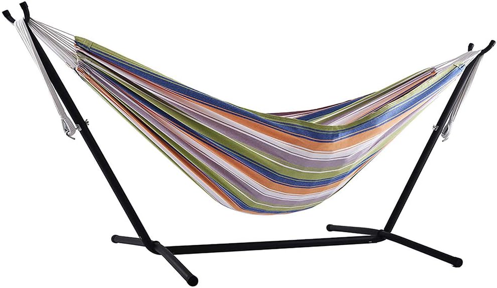 Double Cotton Hammock with Space Saving Steel Stand, Tropical (450 lb Capacity - Premium Carry Bag Included)