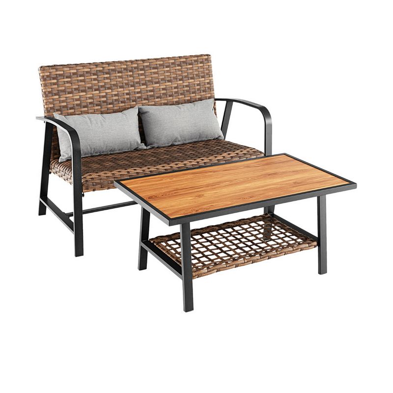 2 Pieces Patio Rattan Coffee Table Set with Shelf