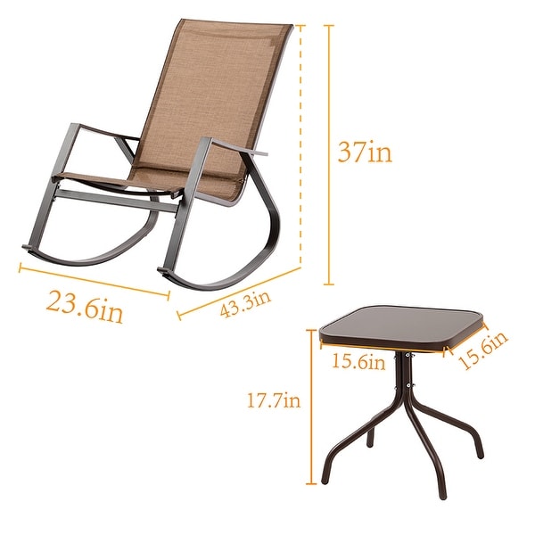 3 PCS Patio Bistro Set，Outdoor Rocking Chairs and Glass Coffee Table Side Table