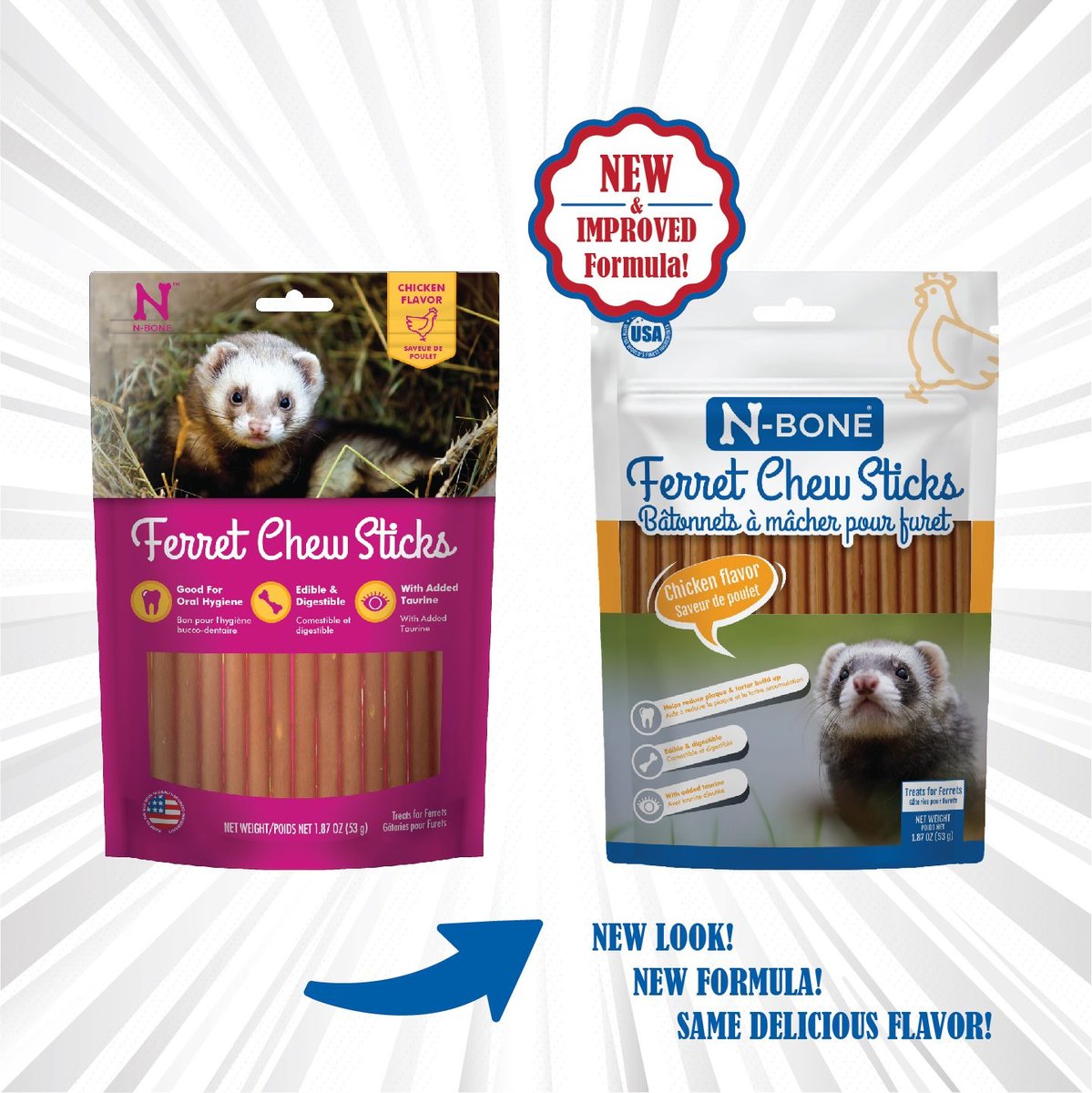 N-Bone Chicken Flavor Chew Sticks Ferret Treat， 1.87-oz bag