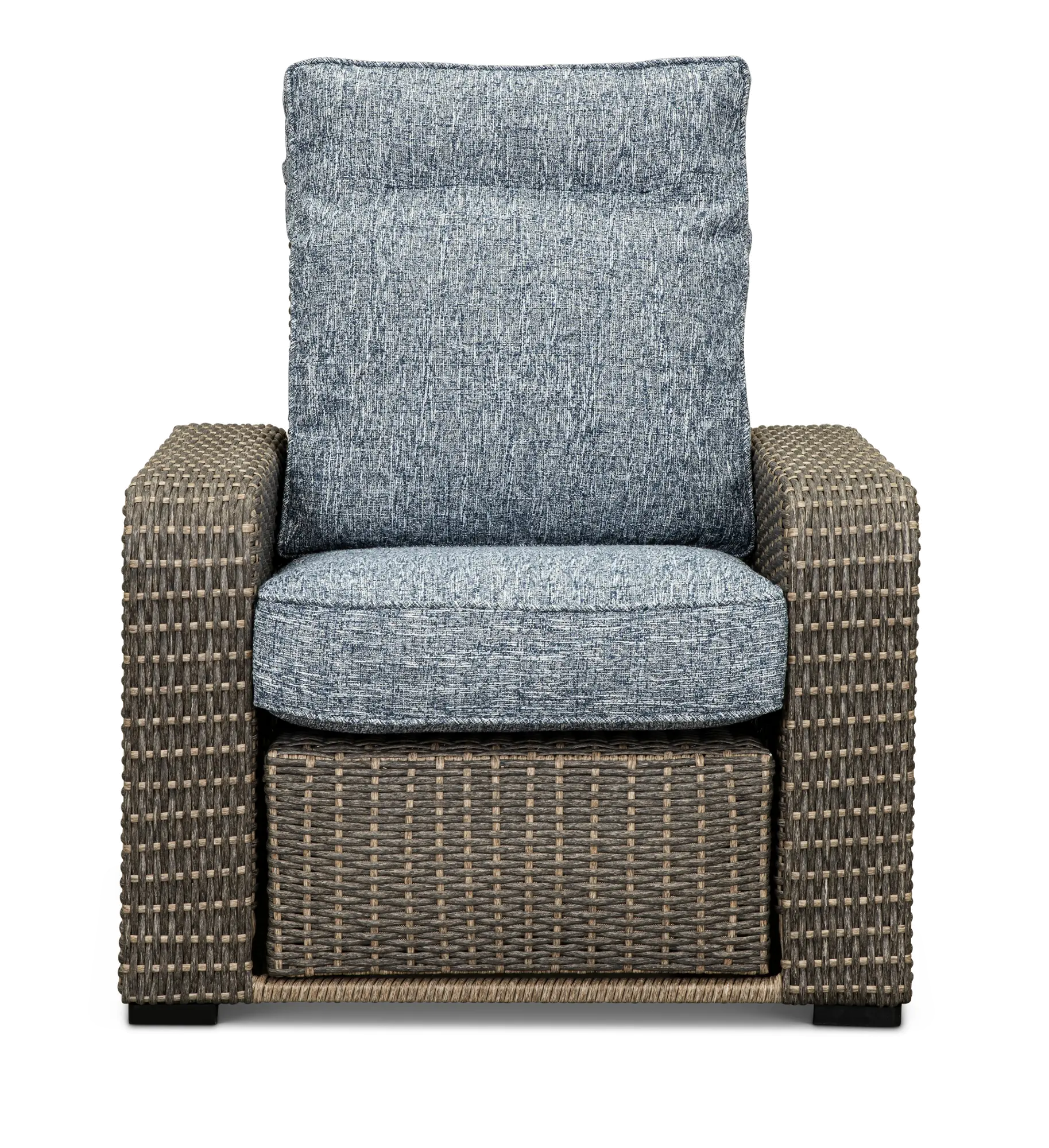 Lemans Gray Wicker Patio Recliner Chair with Blue Cushions