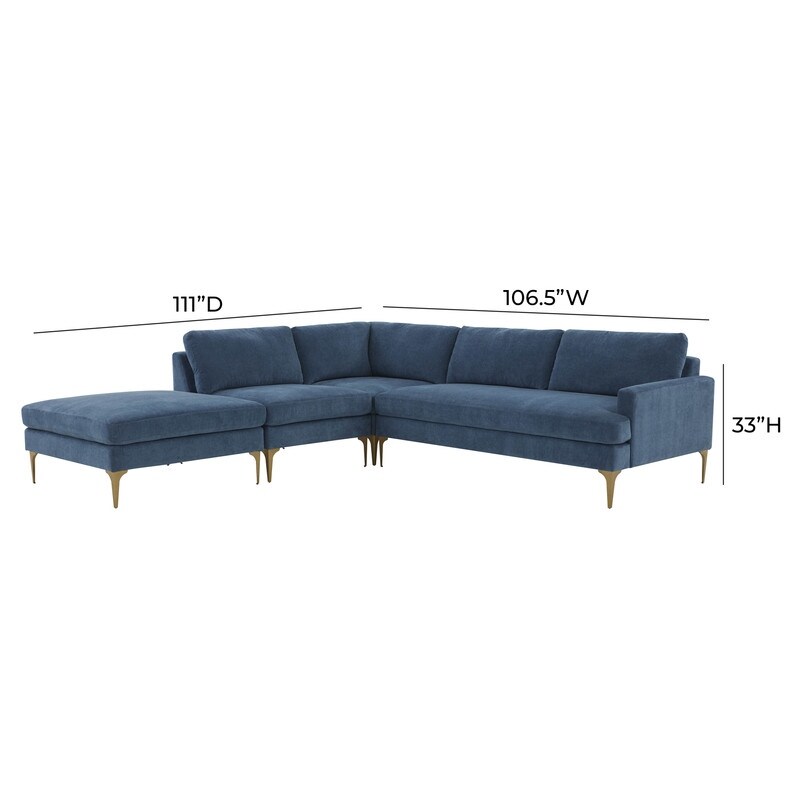 Serena Velvet Upholstered Large LAF Chaise Sectional with Brass Legs