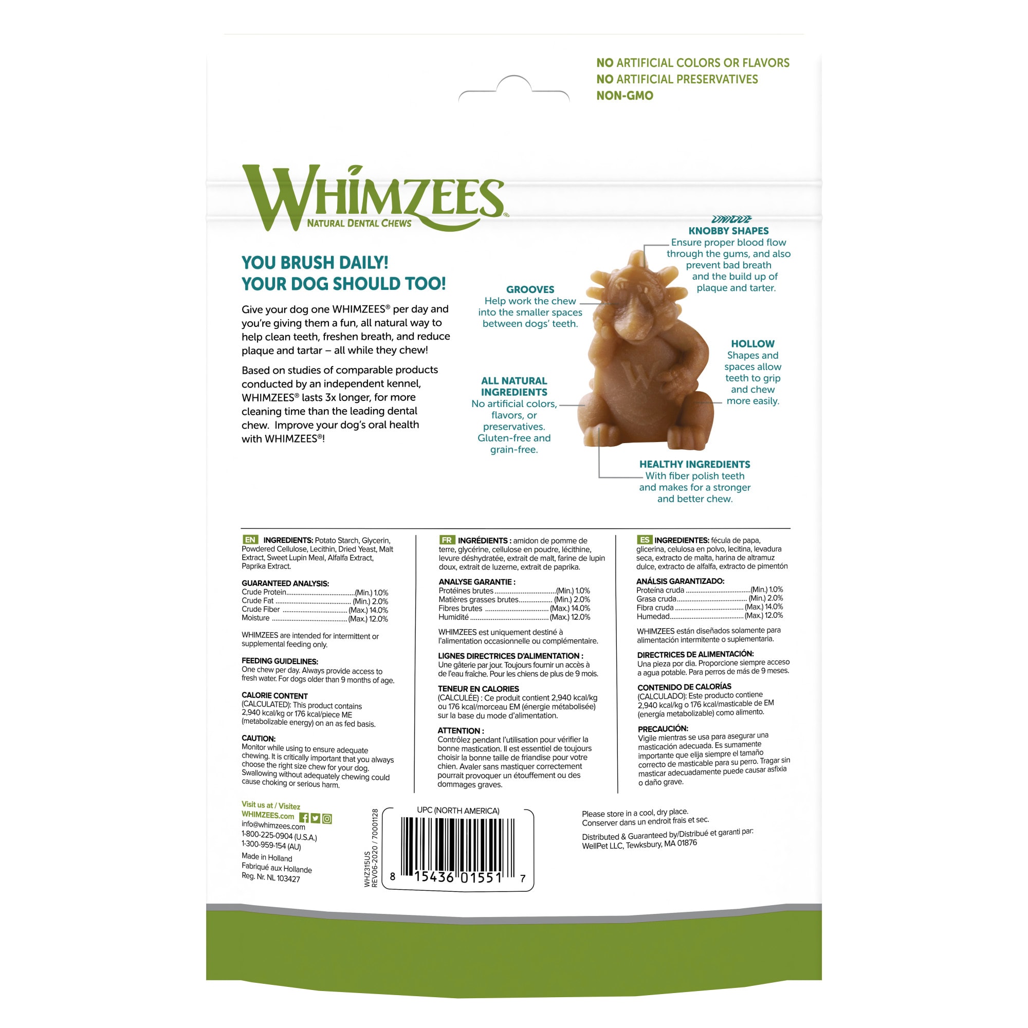 Whimzees Natural Grain Free Daily Dental Long Lasting Hedgehog Large Dog Treats， 12.7 oz.， Pack of 6