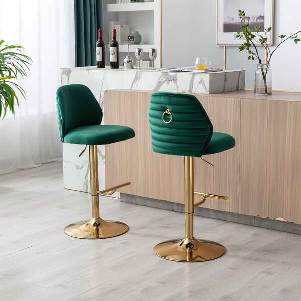 Green Swivel Adjustable Height Velvet Upholstered Stool（Set of 2）