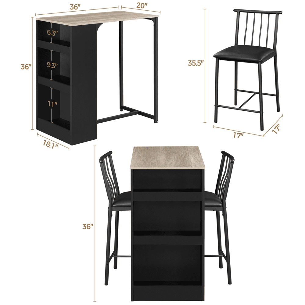 Topeakmart 3-Piece Wooden Counter Height Dining Table Set for Kitchen, Dining Room with Storage Black/Gray