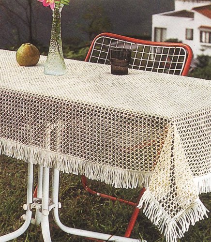 Vinyl Tablecloth Macramé Design with Polyester Fringe， Wind， Weather， Heat， Stain， Wrinkle and Fade Resistant， Non-Skid， Perfect for Patio， Kitchen， Dining and Parties， Light Beige (60” Round)