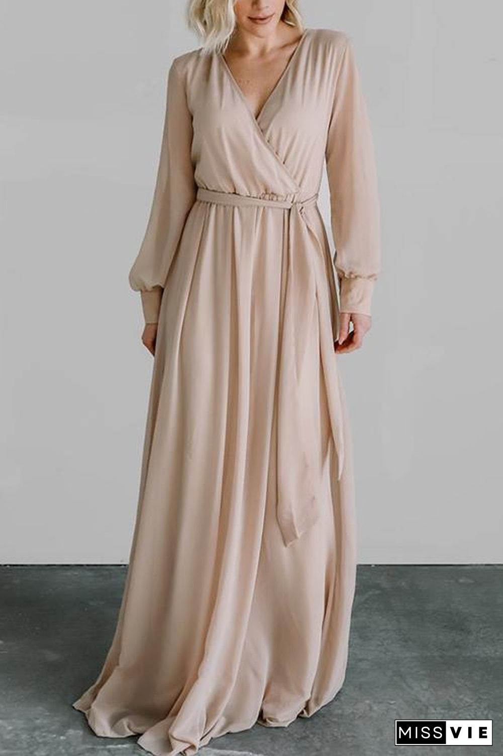 Button Puff Sleeve Belted Maxi Dress