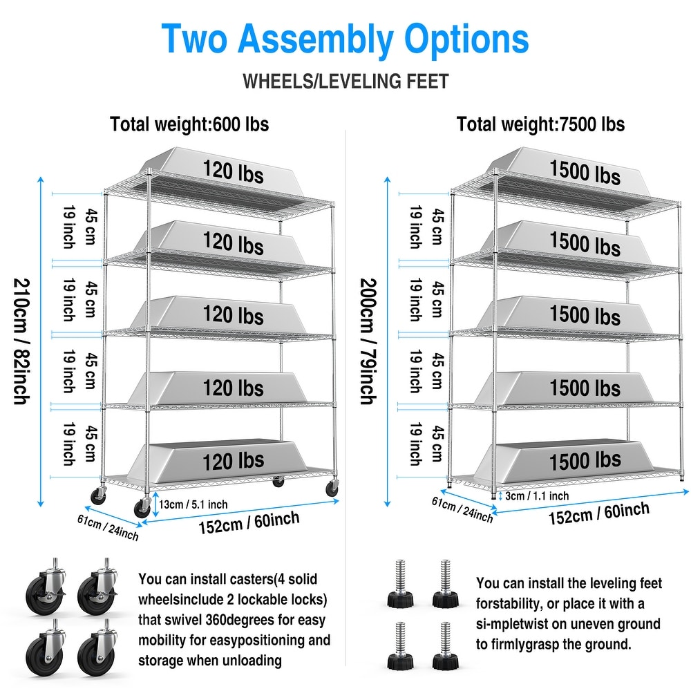 5 Tier 7500lbs Heavy Duty Adjustable Storage Rack Metal Shelf Wire Shelving Unit with Wheels   Shelf Liners 82\