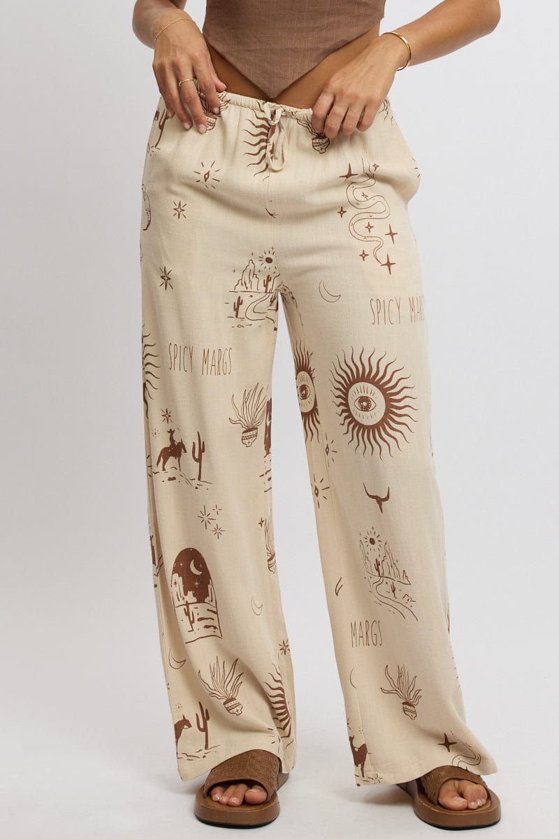 Beige Abstract Wide Leg Pants High Rise