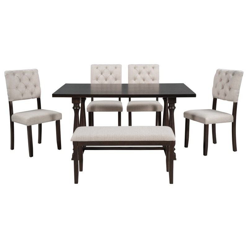 6 Piece Dining Table and Chair Set with Special shaped Legs and Foam covered Seat Backs   Cushions