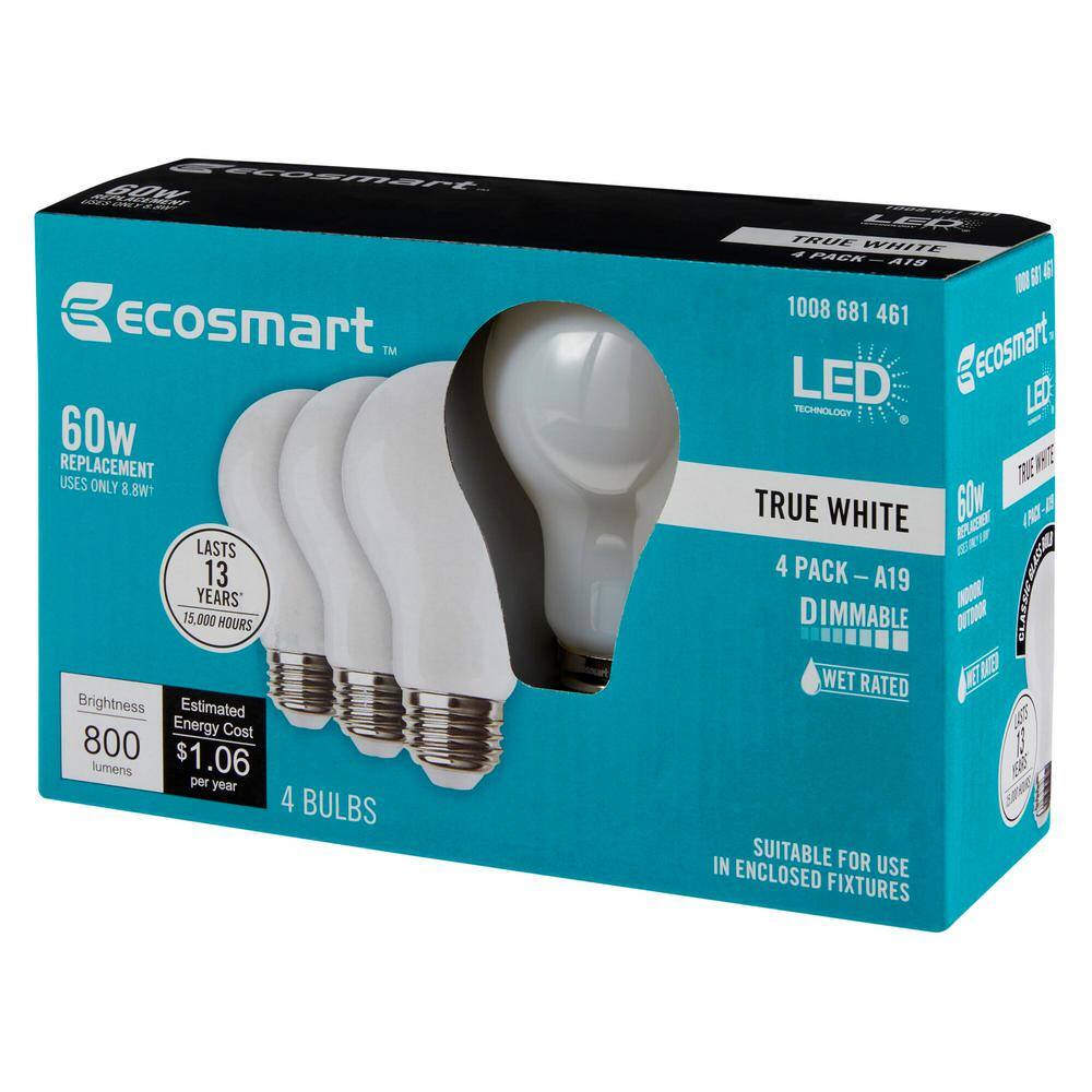 EcoSmart 60-Watt Equivalent A19 Dimmable LED Light Bulb True White (4-Pack) A19F8DE26835Z