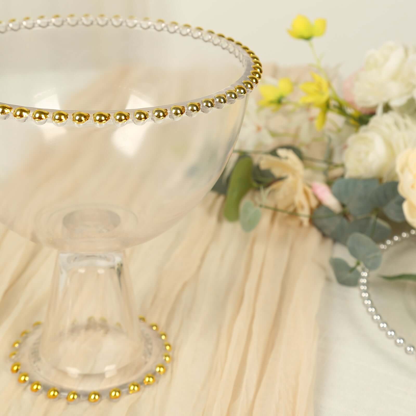 Clear Compote Pedestal Bowl Glass Flower Vase With Gold Beaded Rim, Round Footed Candy Trifle Bowl Dessert Display Stand - 8