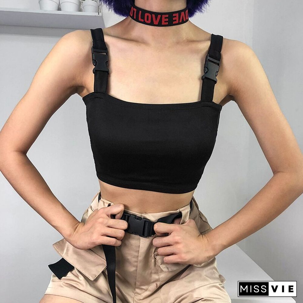 Weekeep Women Black Adjustable Buckle Tank Top Summer Crop Top Casual Streetwear Tank Sexy Backless Sleeveless Fashion Vest