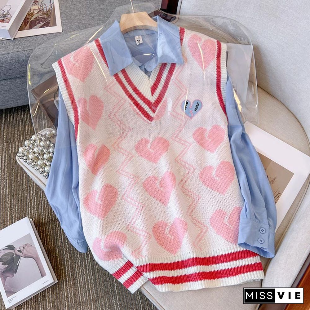 Love Heart Embroidery Vest Sweater Loose Shirt Two Pieces