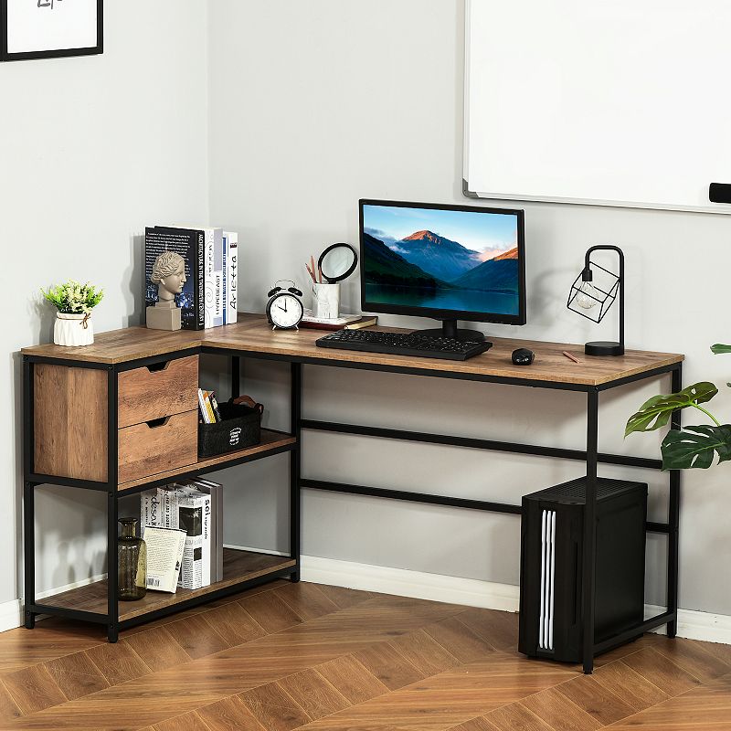 HOMCOM L Shaped Home Offie Computer Desk with Storage Shelves 2 Dawers and Industrial Steel Frame Black/Brown