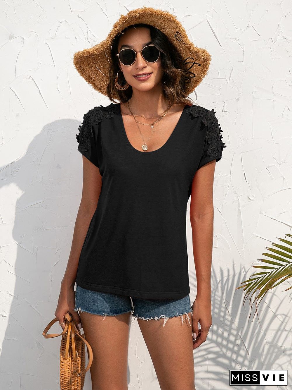 Shoulder Cutout Lace Sleeve Shirt