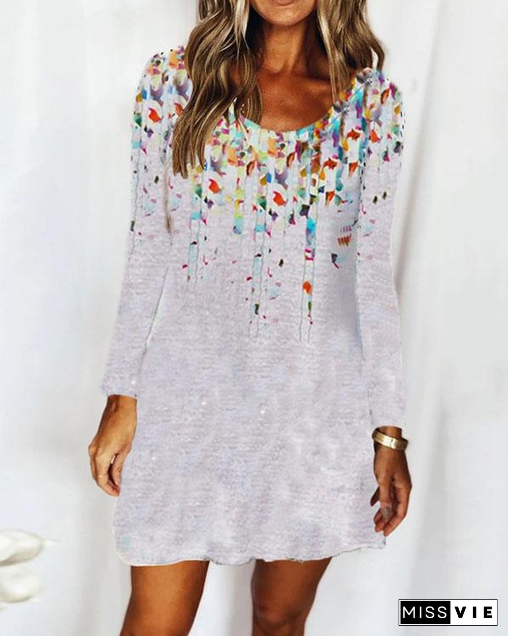 Casual Round Neck Long Sleeve Floral Ombre Dress