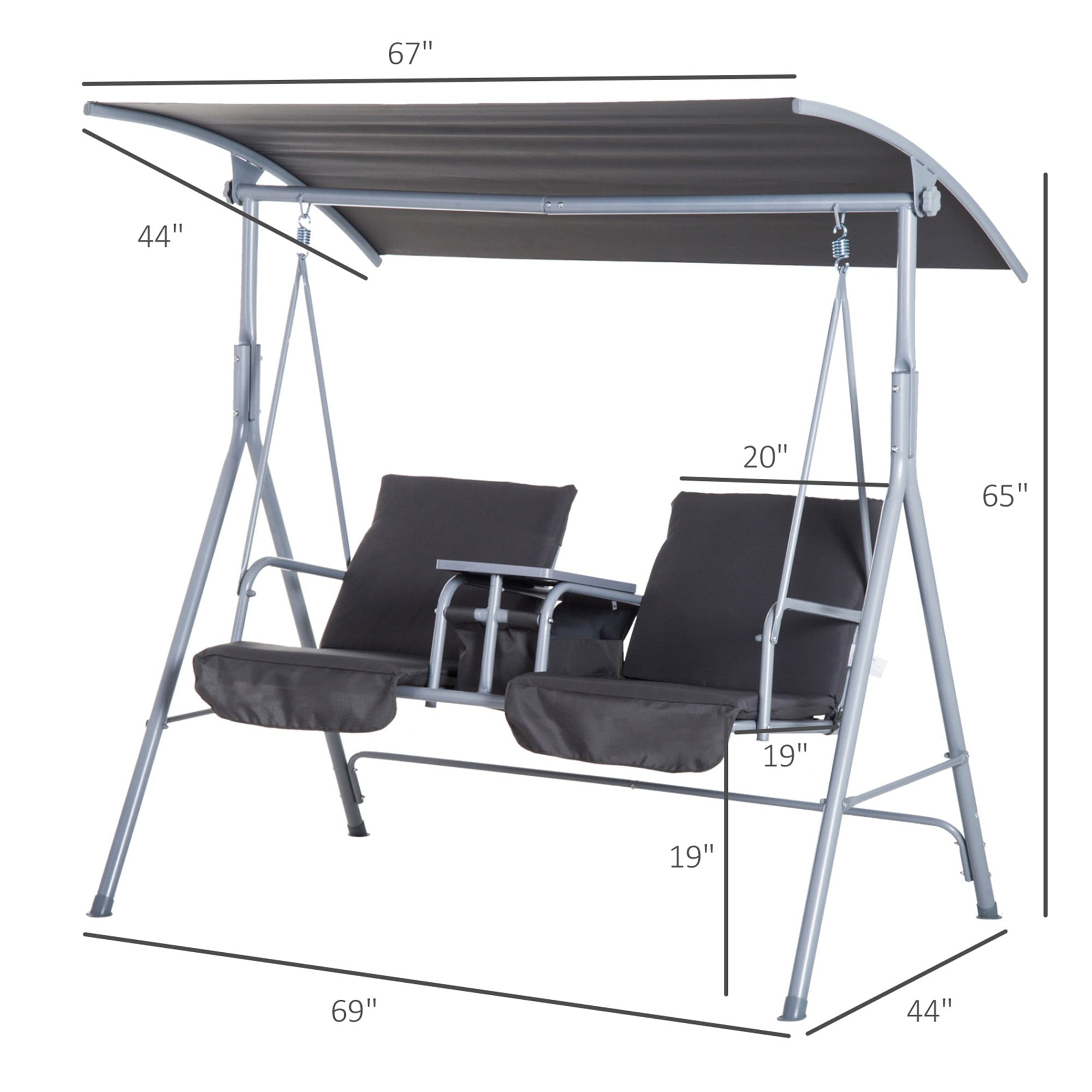 Outsunny 2 Person Porch Covered Swing Outdoor with Canopy, Table and Storage Console, Gray, Deck Swings