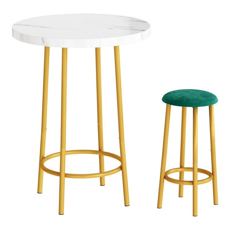 Eureka Modern 3 Pieces Fuax Marble Bar Table Set  Counter Height Round Pub Kitchen Dining Table Set with 2 Padded Stools