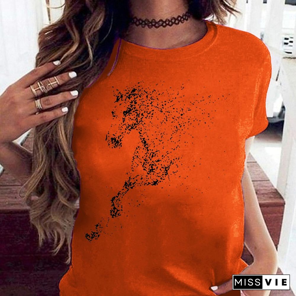 Cute Horse Print T Shirts for Women Summer Short Sleeved Tees Top Women's Round Neck Graphic Tshirts Casual Wear; Loose Fit Tees Woman Blouse Vestidos Mujer