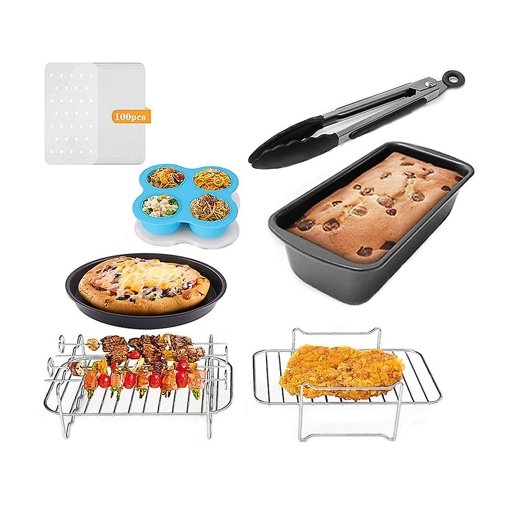 Cake Baking Barrel， Pizza Pan， Cupcake Pan， Skewer Rack and Skewers， Toast Rack， Food Tongs，100 Pcs Air Fryer Liners