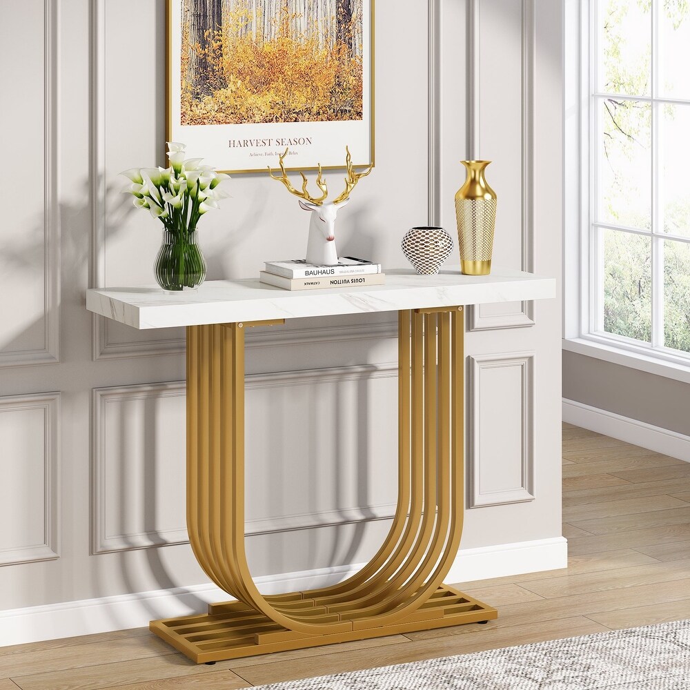 Modern Console Table  Faux Marble Entryway Foyer Table  Sofa Accent Table with Gold Metal Legs