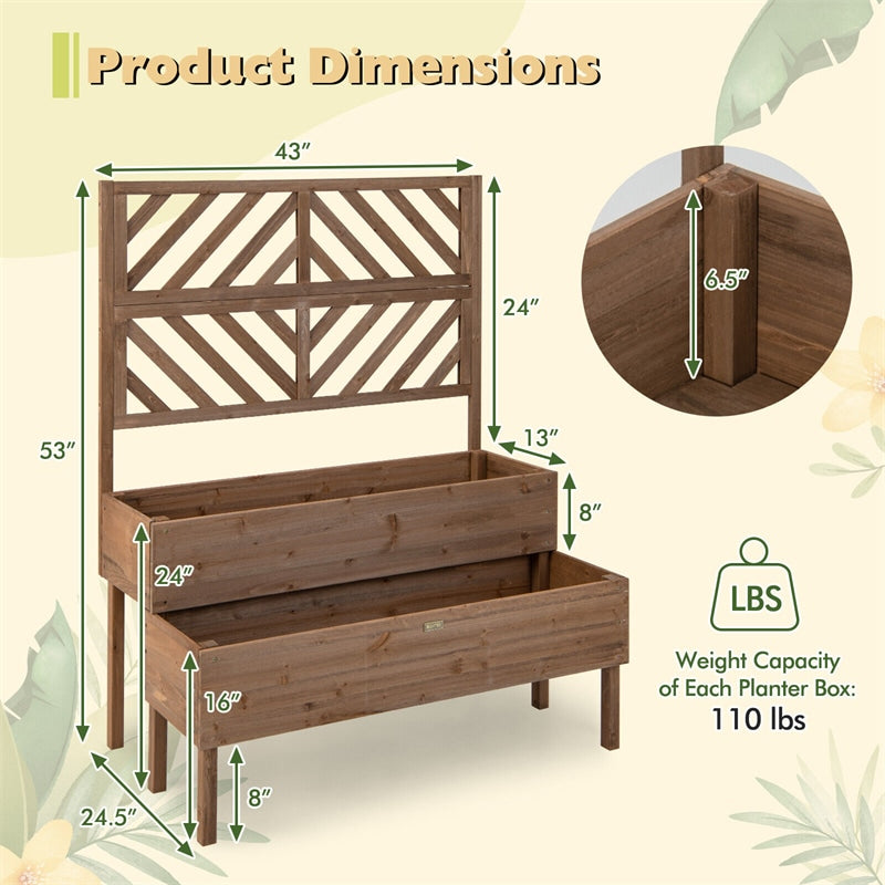 2-Tier Raised Garden Bed with Trellis Outdoor Wooden Elevated Planter Box for Vegetables