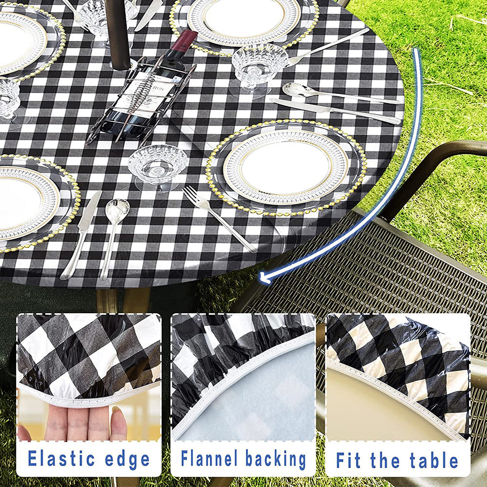 Vinyl Round Fitted Tablecloth With Umbrella Hole Table Cover With Flannel Backing Oil&Waterproof Wipeable Vibrant Colors Elastic Edge Table Cover - Black & White Grid 45-56"