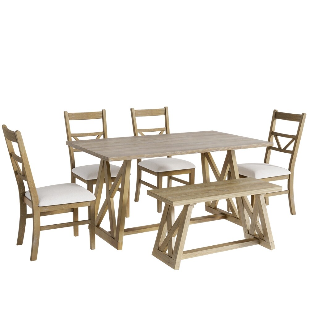 Dining Table Set with 4 Upholstered Chairs and Wood Bench（Set of 6）