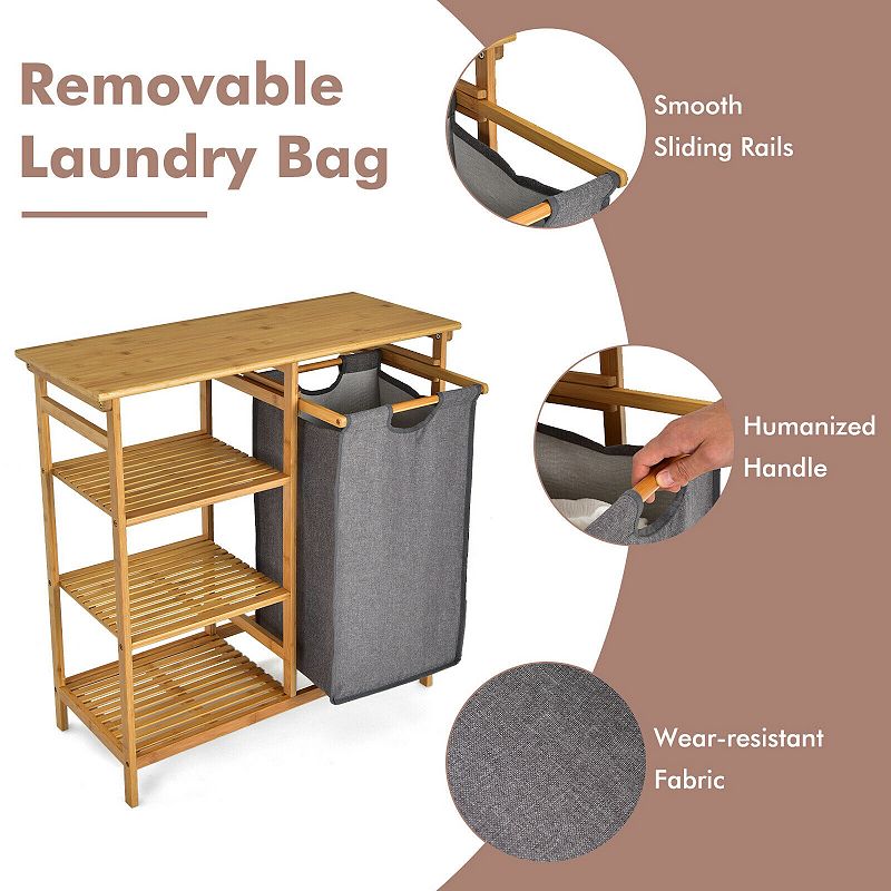 Wicker Laundry Hamper Stand with Removable Sliding Bag and 3-Tier Open Shelves