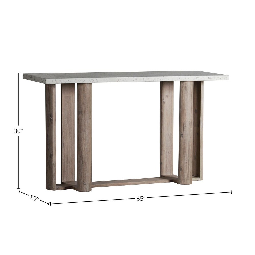 Kinsley Indoor Outdoor White Terrazzo and Acacia 55 inch Rectangular Trestle Console Table