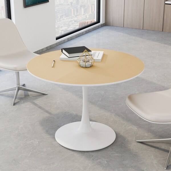 42in. Round Dining Table with Printed Wood Grain Table Top，Metal Base