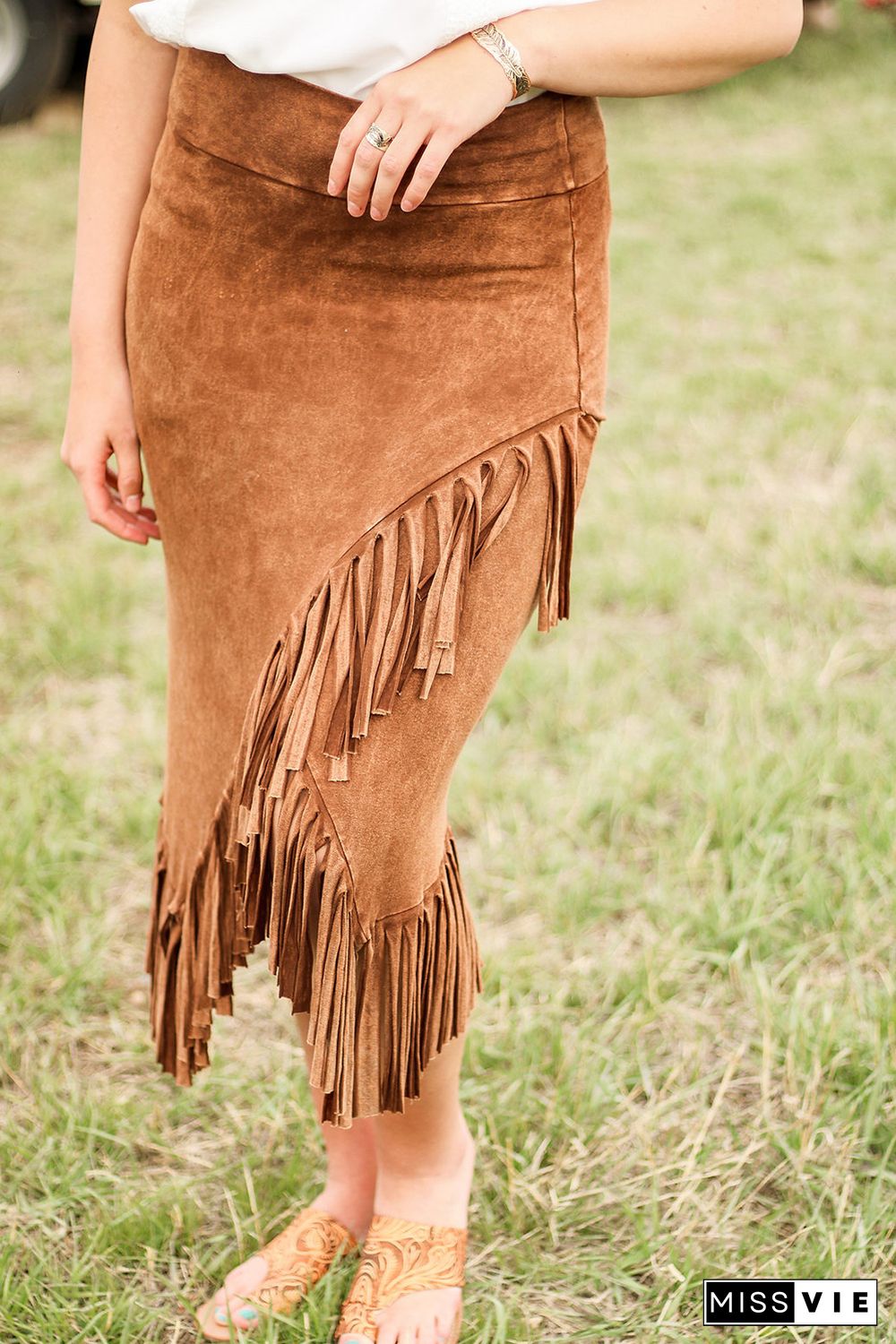 Brown Fringe Asymmetric Wrap Suede Midi Skirt