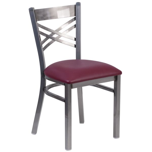 HERCULES Series Clear Coated ''X'' Back Metal Restaurant Chair - Burgundy Vinyl Seat