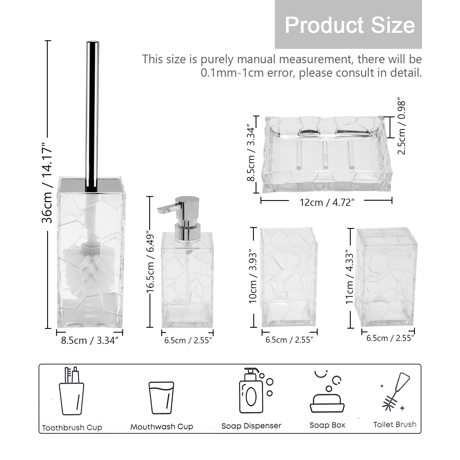 Acrylic Bathroom Accessories Set of 5， Bathroom Soap Dispenser Sets， Acrylic Toothbrush Holder Set，  Vanity Accessory Set with Dish Toilet Brush Set for Elegant Bathroom Restroom Decor and Gift， White