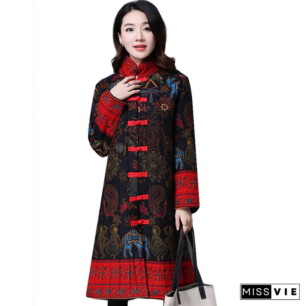 Women Coat Chinese Jacket Long Loose Qipao Lined Cheongsam Puffer Frog Ethnic present