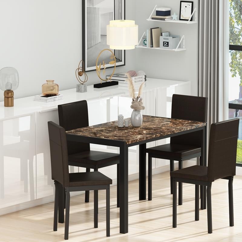 Modern Faux Marble 5 Pieces Kitchen Dining Set with 4 Cushion PU Leather Chairs