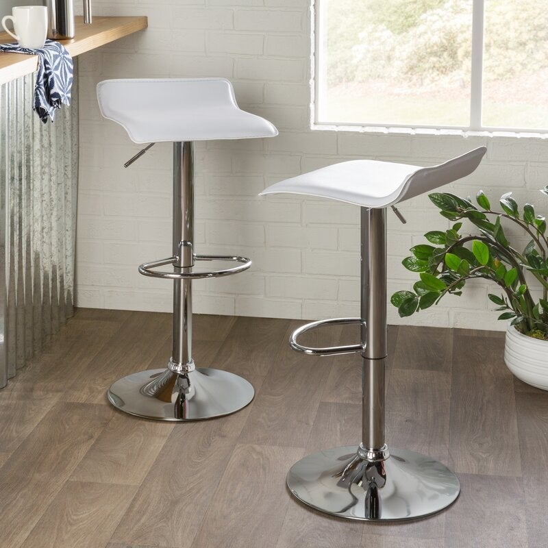 Adjustable Stool in White PU Leather and Stainless Steel Base Set of 2