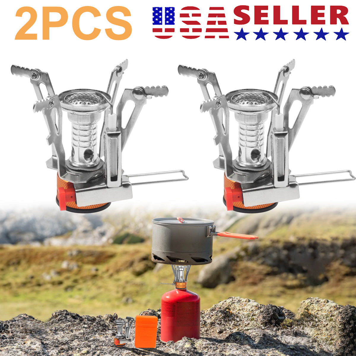 2pcs Portable Camping Stoves Backpacking Stove with Piezo Ignition Adjustable Valve,Stainless Steel Mini Burner